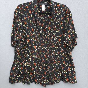 Jones New York Plus Size 24W Black Floral 100% Silk Blouse Pleated Short Sleeves